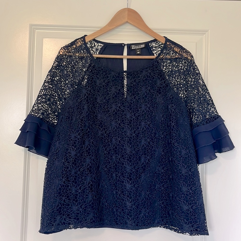 New York and Company Navy Blue Lace Blouse with Bell sleeves